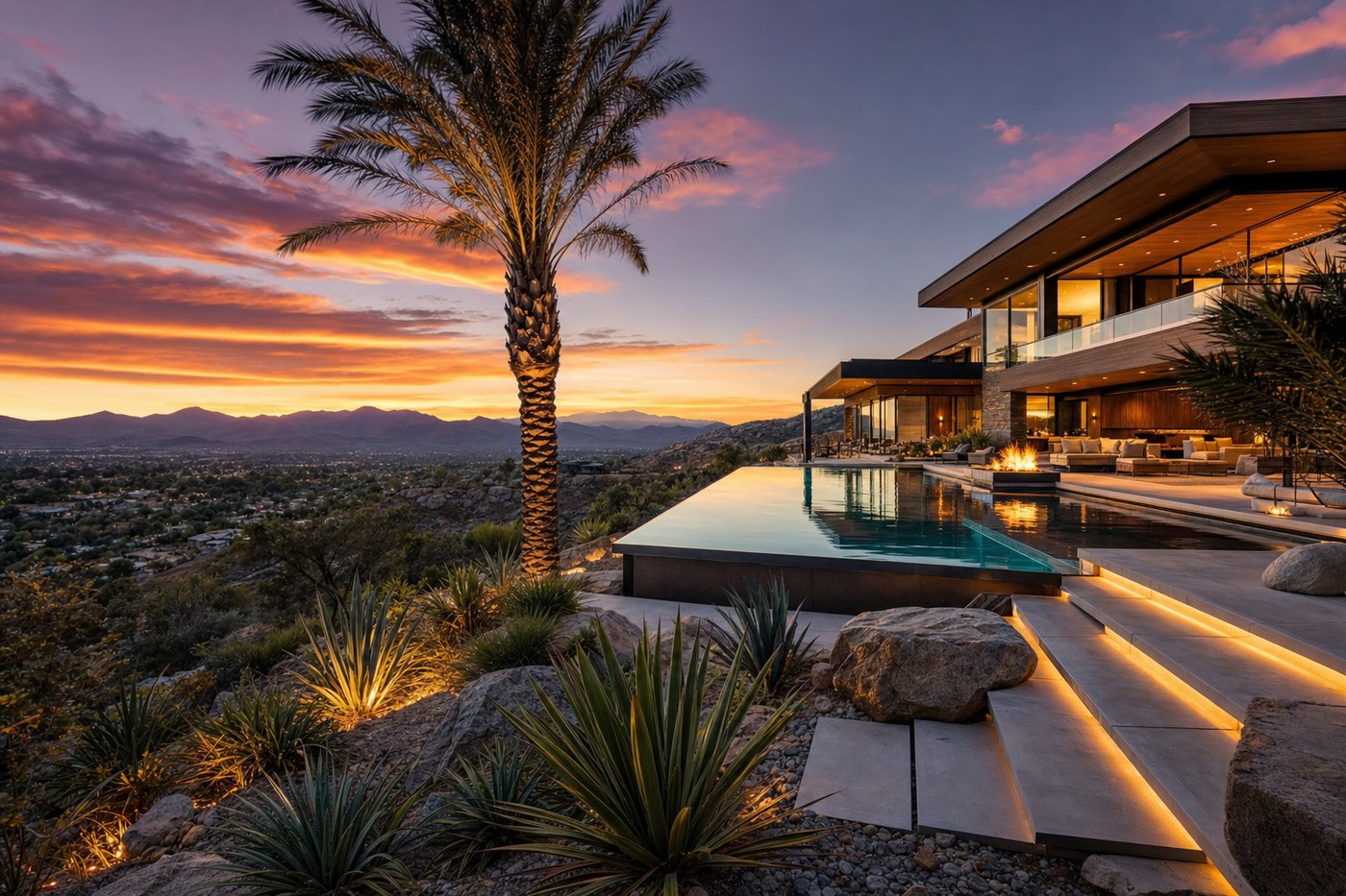 Modern luxury hillside estate in Southern California's Inland Empire at sunset